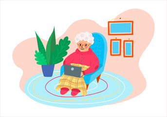 Vector illustration with a cute elderly grandmother working on a laptop computer at home in a flat style.. Online education for the elderly, modern technologies and the concept of old age.