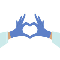 Gloved hands making heart sign isolated on white background. Take care of yourself. Rubber gloves. Virus protection.
