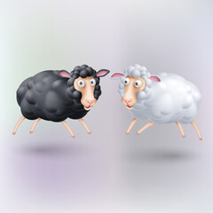 Two Funny Jumping Rams Black and White Colors. Cartoon Illustration of Pair Sheep. Perfect Template for Children Event Designs