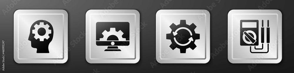 Poster set human head with gear inside, computer monitor and gear, gear and arrows as workflow and multimet