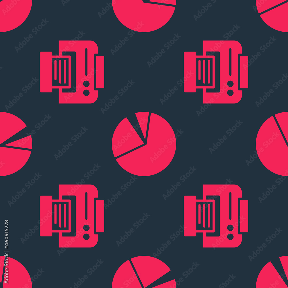 Poster set printer and pie chart infographic on seamless pattern. vector