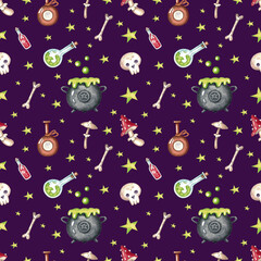 Seamless pattern with skulls and a witch's cauldron on a purple background. Halloween. Holiday. Watercolor illustration. Autumn. Printing on fabric. Packing paper. Magical. Beautiful. Funny. Leaves. 