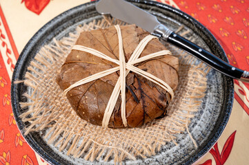 Fototapeta na wymiar Taste of Provence, ancient small goat cheese Banon a la feuille wrapped in chestnut leaves and tied with raffia.