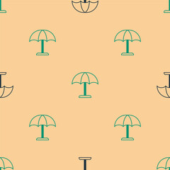 Green and black Sun protective umbrella for beach icon isolated seamless pattern on beige background. Large parasol for outdoor space. Beach umbrella. Vector © Vadim