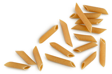 Wolegrain penne pasta from durum wheat isolated on white background with clipping path. Top view with copy space for your text. Flat lay,