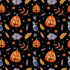 Seamless pattern with pumpkins on a black background. Halloween. Holiday. Watercolor illustration. Autumn. Terrible. Printing on fabric. Packing paper. Magical. Beautiful. Potion. Funny. Leaves. Sweet