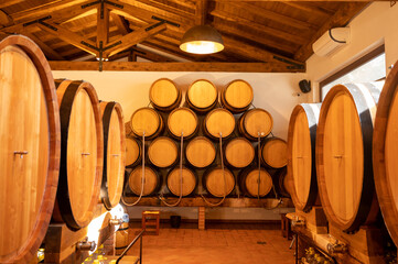 White, rose and red wine in barrels for sale in wine cellars in Italy