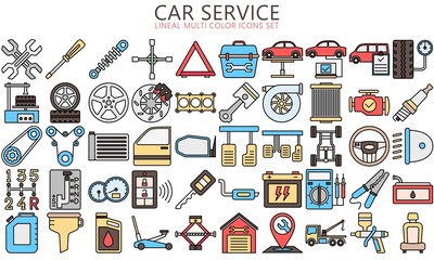 Fototapeta na wymiar car service lineal multi color icons set, auto repair and transport. Collection modern elements and symbols. Used for modern concepts, web, UI, UX kit and applications. EPS 10 ready to convert to SVG
