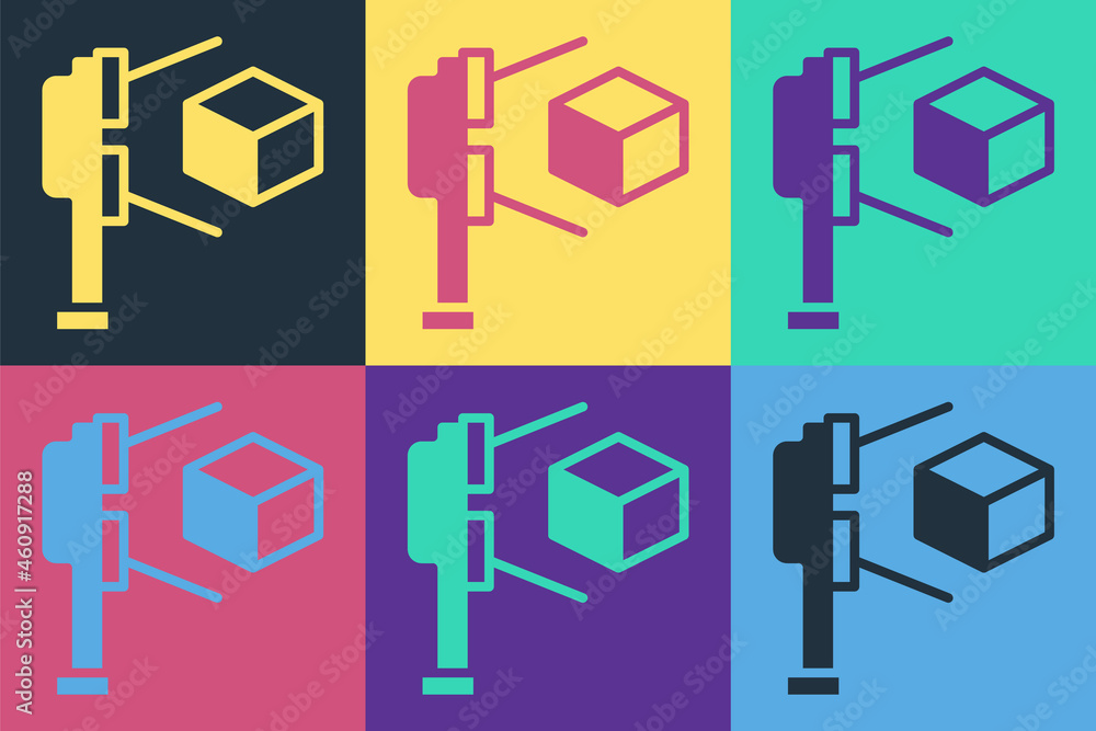 Poster pop art 3d scanner with cube projection icon isolated on color background. vector