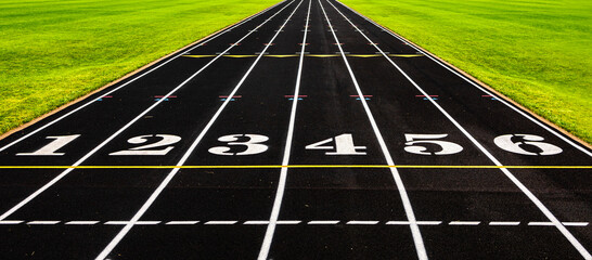 All-weather black rubber running track with numbers for athlete, depth of field. Outdoor sports race field with green grass, compete run track. Start competition, goal concept.