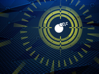 Sight is aiming for bomb icon detected during cyberspace research on hi-tech dark background. Illustration.