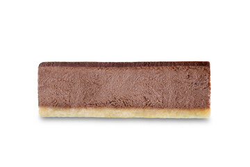 Chocolate cheesecake slice on a white isolated background