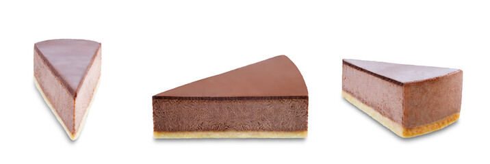 Chocolate cheesecake slice on a white isolated background