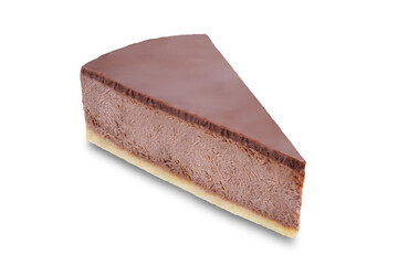 Chocolate cheesecake slice on a white isolated background