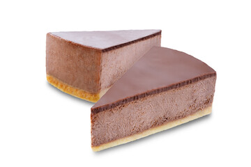 Chocolate cheesecake slice on a white isolated background