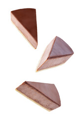 Chocolate cheesecake slice on a white isolated background