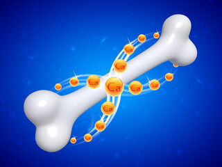 The healing of a human bone with vitamins on blue background. 3D illustration.