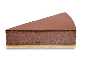 Chocolate cheesecake slice on a white isolated background