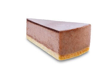 Chocolate cheesecake slice on a white isolated background