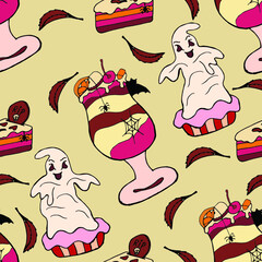 Hand drawn colorful Halloween desserts seamless pattern with holiday elements. A vector illustration that works well for holiday projects and wrapping paper.
