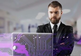 Portrait of handsome businessman in formal suit thinking with new technologies.