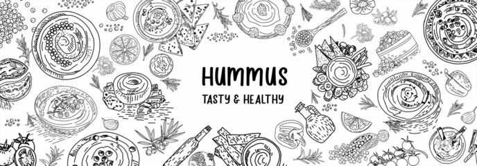 Hummus flyer template illustration. Hand drawn illustration. Pieces of hummus design template. Design element for poster, menu, flyer, banner, menu, package.