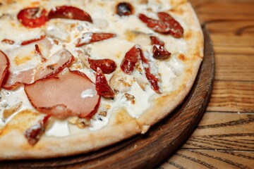 Pizza on wooden table top view. Fast food. Post blog social media. with copy space. Pizza ready to eat