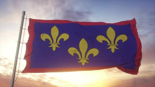 Anjou flag, France, waving in the wind, sky and sun background