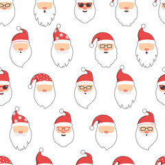 Christmas Santa Claus seamless pattern, cartoon cute head characters, red Santa hat, New Year fun background, vector winter holiday illustration