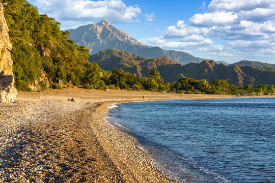 Cirali Olympos beach. Sea and mountains. Kemer, Antalya, Turkey.