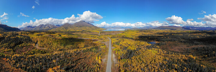 Panoramic aerial view of road leading to Haines Junction in northern Canada during autumn, fall season with golden, gold, yellow landscape surrounding wilderness. 