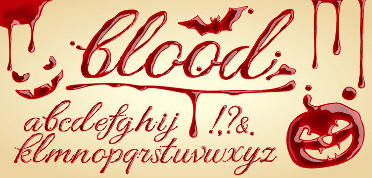 Vector bloody font. Halloween pumpkin, bat, blood stains, vampire.