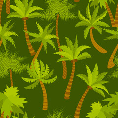 Cute cartoon palm oasis seamless pattern. Tropic nature background. Exotic trees in flat style. Jungle forest, rainforest.