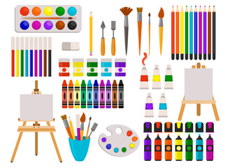 Cute set of art supplies in flat style isolated. Watercolor paint ant color pencils, markers and brushes, crayons and oil paint, easel and felt-tip pens. Painting icons collection.  - 460921409
