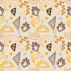 Abstract geometric shapes seamless pattern. Cute background with hand drawn doodle triangles, circles, curly lines, floral elements.