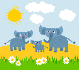 Cute cartoon happy family of elephants basking in the sun on a lawn with grass and daisies. Africa nature scene. Herd of elephants on a sunny day.
