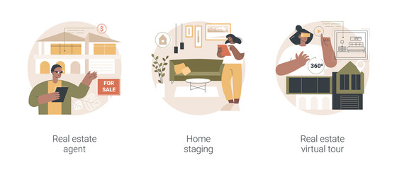 Real estate buying experience abstract concept vector illustration set. Real estate agent, home staging, real estate virtual tour, sale preparation, listing video walk-through abstract metaphor.