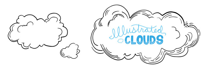 Clouds in sky vector drawing, illustration of puffy white cloud doodles, speech clouds or thought bubble concept, cute hand drawn vector sketch