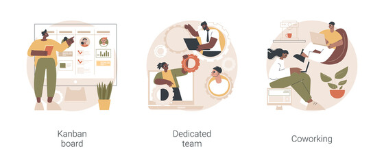 Project workflow abstract concept vector illustration set. Kanban board, dedicated team, coworking for freelancers, agile project management, scrum meeting, IT outsource abstract metaphor.