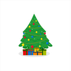 Decorated Christmas tree with gift boxes, lights, decorations of balloons and lamps. Merry Christmas and happy New Year. Vector illustration of the flat plane style.