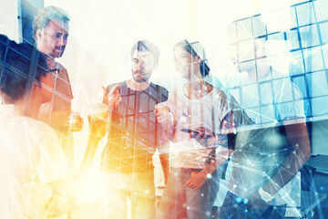 Background concept with business people silhouette at work. Double exposure and light effects