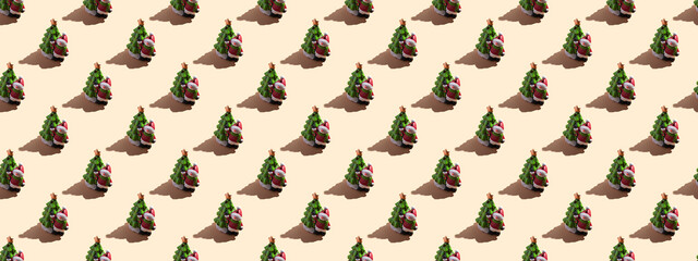 New Year's card close-up: a snowman with a Christmas tree on a beige background with a hard shadow. seamless pattern, banner