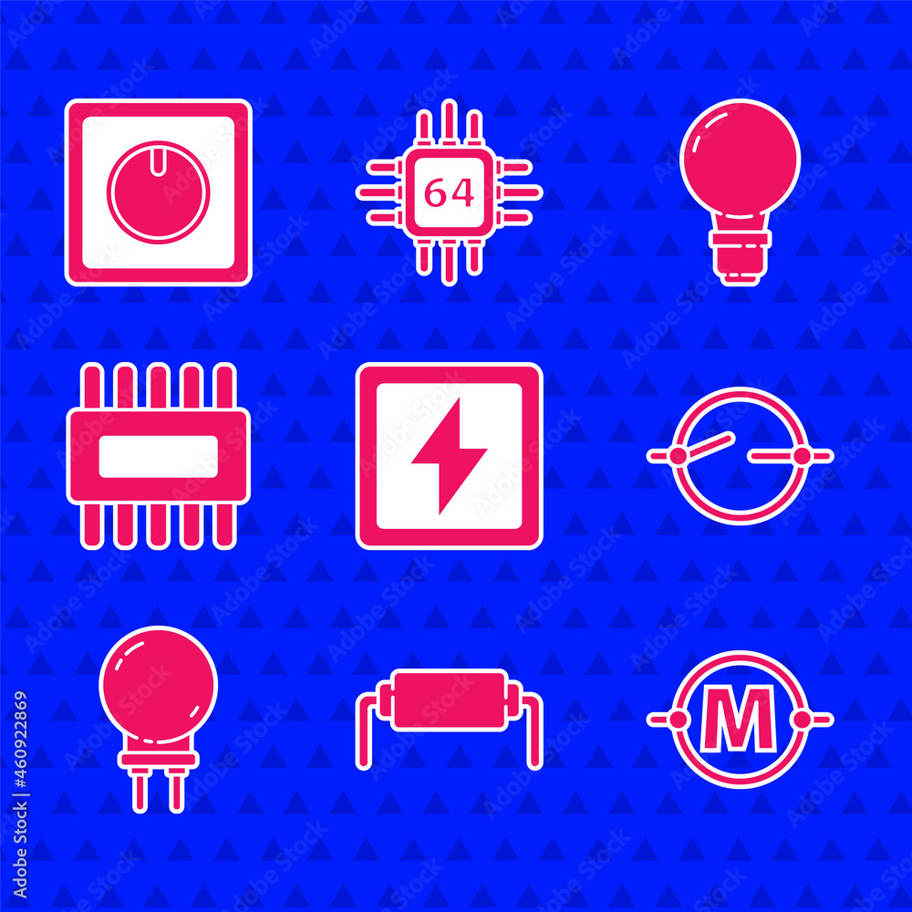 Poster set lightning bolt, resistor electricity, electric circuit scheme, emitting diode, processor with mi