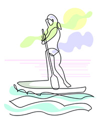 One line drawing of adventurous   adult woman paddling on a stand up paddle board.
One continuous line drawing of adventure and travel concept. - obrazy, fototapety, plakaty