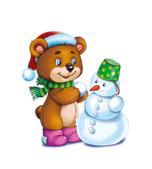 Cheerful toy bear makes a snowman