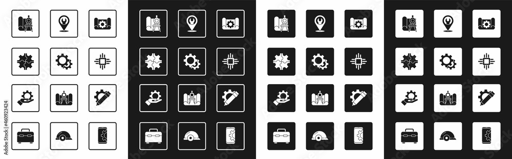 Poster set graphing paper and gear, gear, compass, processor with microcircuits cpu, location wrench spanne