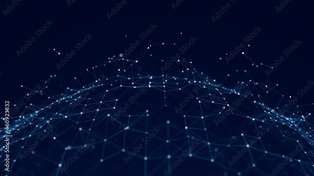 Poster Abstract blue background of points and lines. Cyber structure. Hemisphere of particles and lines. Network. Big data stream. Seamless loop. 3d rendering