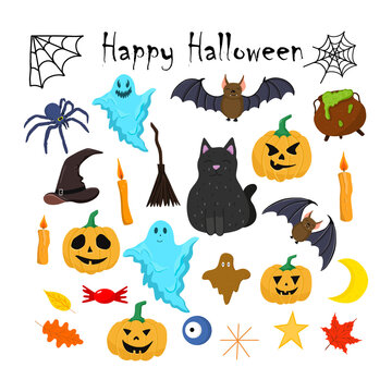Vector set Halloween elements. Hand drawn elemetns in cartoon style. Halloween decorativ elements isolated on white background.
