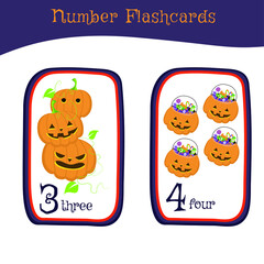Cute number flashcards with Halloween set. Number Flashcards for children. Digital illustration. Vector illustration.