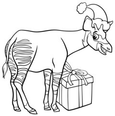 cartoon okapi on Christmas time coloring book page
